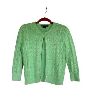Ralph Lauren Cable Knit Cardigan Womens Large Green Cotton Sweater Pony Logo